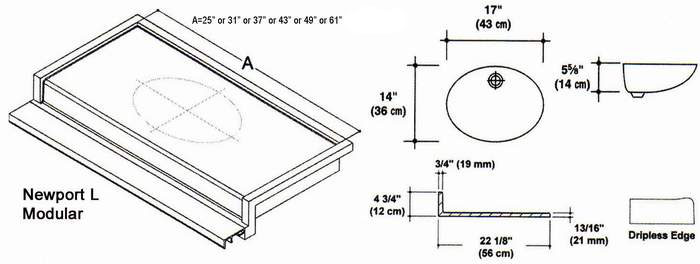 22" Newport L Style Cultured Marble Modular (Speed) Mold. Comes in various Lengths.